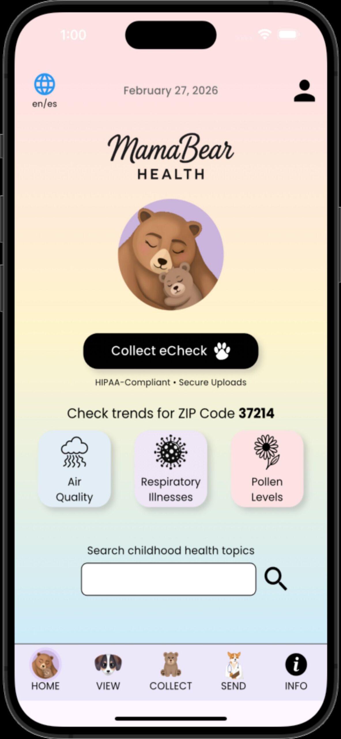 MamaBear app home screen
