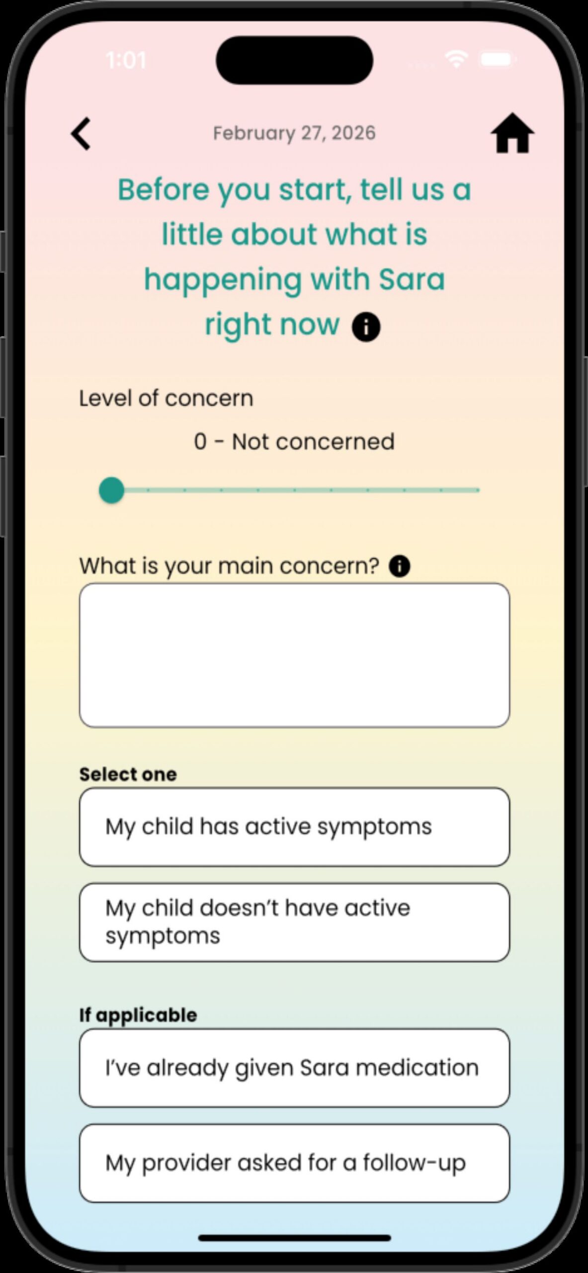 MamaBear app symptom screen